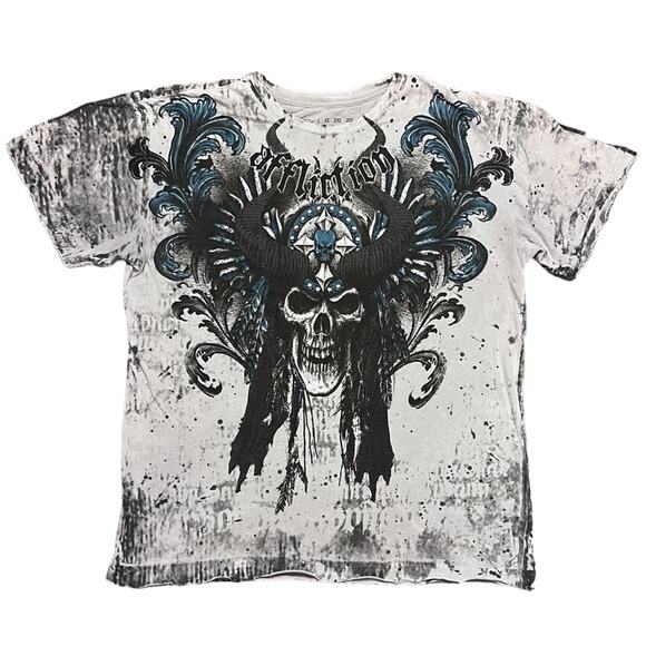 Affliction Horned Skull Head Dress Rare Distressed Short Sleet Shirt Mens Small - Picture 1 of 6